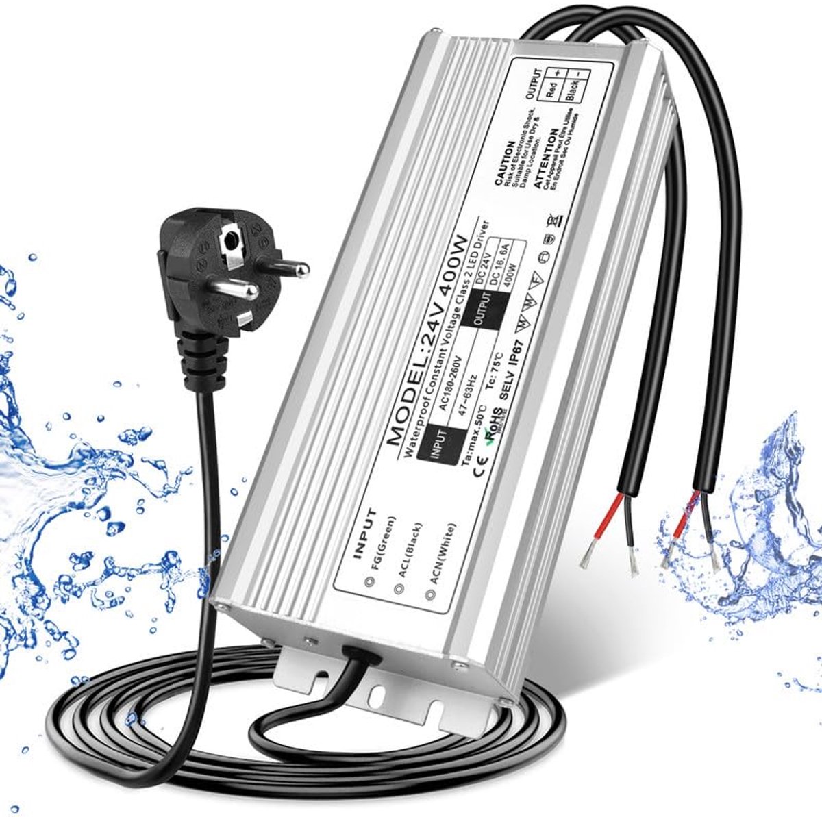 24 V 400 W IP67, outdoor waterdichte transformator met stekker, led-voeding, driver 230 V naar DC 24 volt adapter, driver voor buiten, voor ledstrips, lampen, spots, lichtbanden