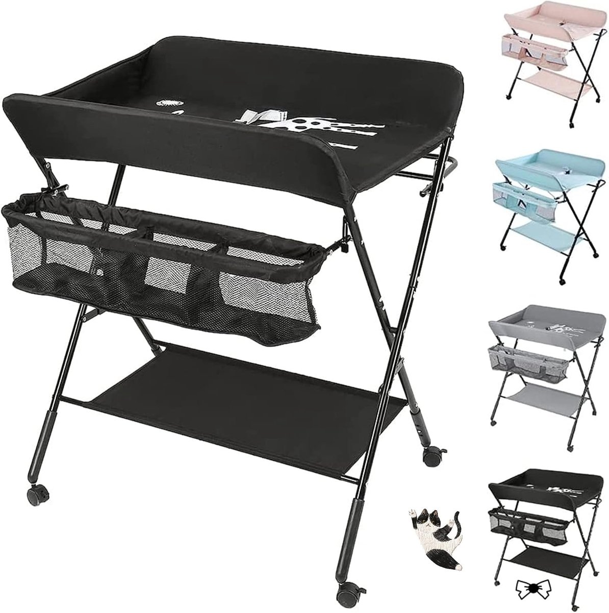 Opvouwbare commode,afneembare luiertafel met reepjes en opbergmand, draagbare in hoogte verstelbare luiertafel voor baby's,80 * 66 * 98 cm (zwart)