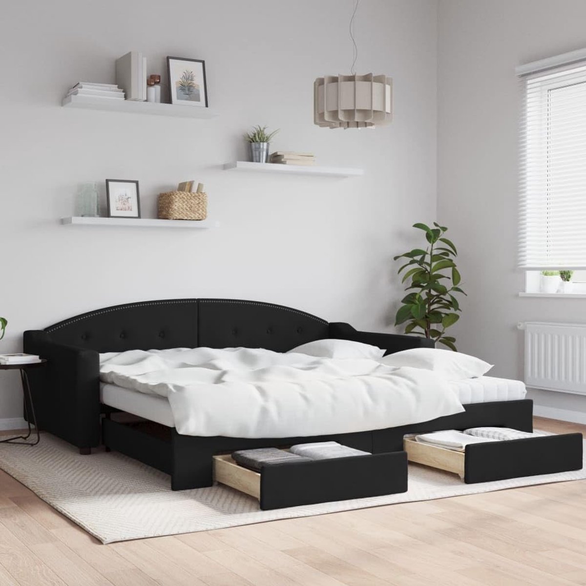 2 in 1 Slaapbank met onderschuifbed en lades Opbergslaapbank Zwart 100x200