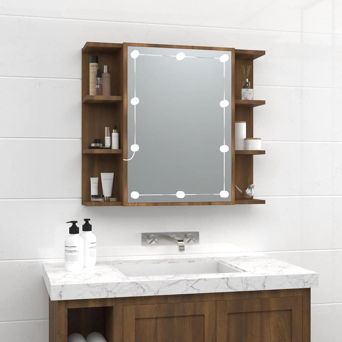 Spiegelkast met LED-verlichting, houtmateriaal, bruin eikenlook, 70 x 16,5 x 60 cm, voor badkamer