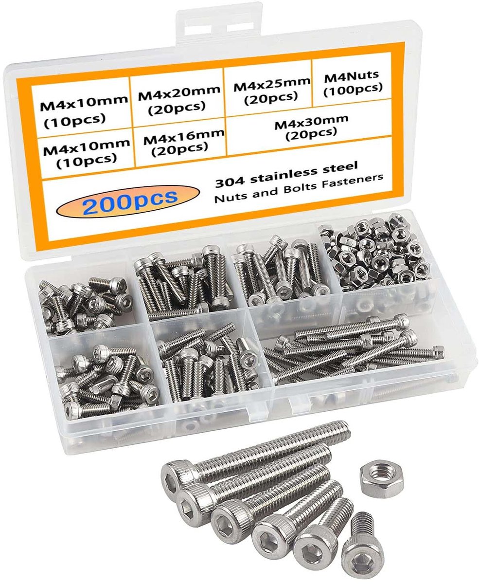Schroevenset 304 roestvrij stalen binnenzeskant, mechanische binnenzeskantschroef en moerset, assortiment kit, zeskantige socket 200 stuks