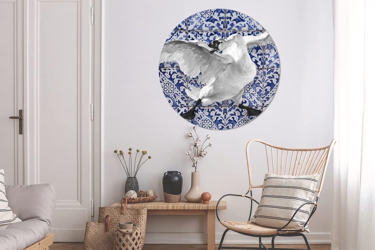 - Muurcirkel - 140x140 cm - Zwaan - Kunst - Delfts blauw - Schilderij - Oude meesters