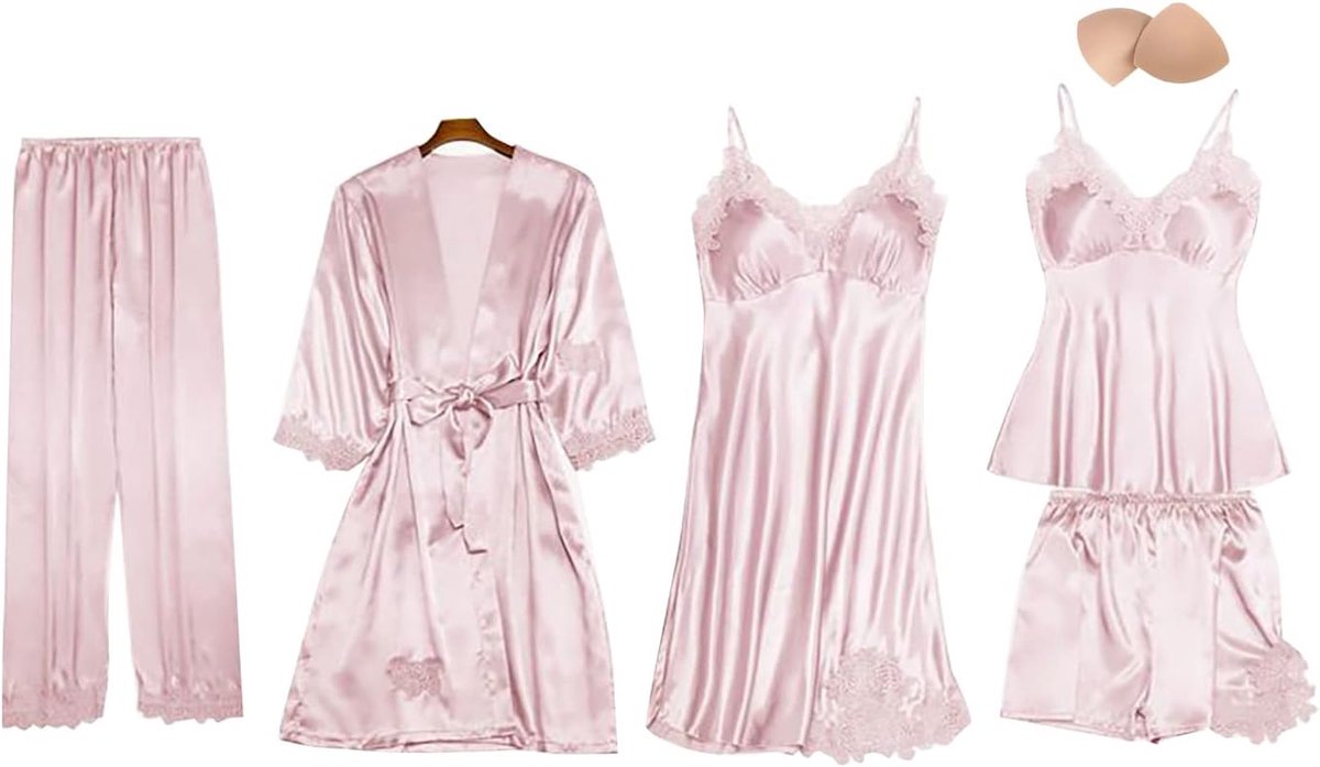 5-delige satijnen pyjamaset, kanten kimono, robe pyjamaset, sexy negligé, shorts en lange broek, nachthemd, 5-delige set, met borstvulling