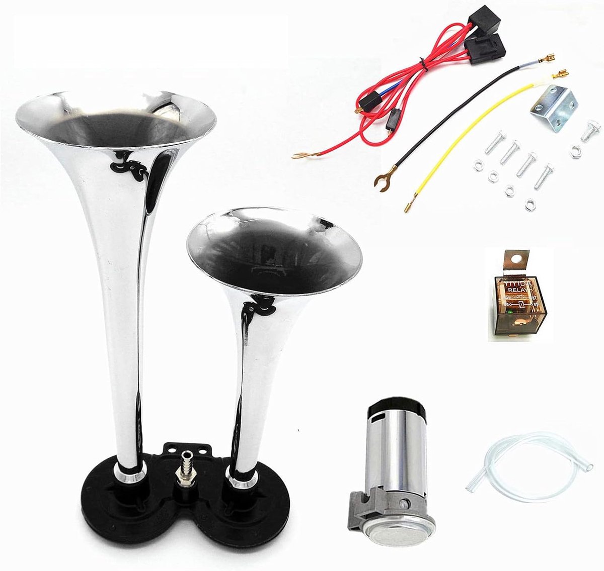 Luchthoorn Chrome Zink Auto Hoorn 150DB trompet Zilveren Auto Speaker Super Luid dubbele buis hoorn met Compressor Luchtpomp Truck Luchthoorn voor elke 24V vrachtwagen vrachtwagens trein
