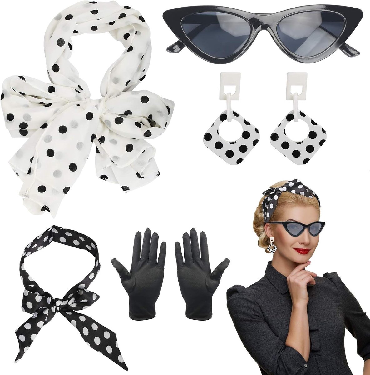 5-delige rockabilly accessoires voor dames, jaren '50-kostuum, set met chiffon, sjaal, polkadots, hoofdband, kattenoogbril, rode jaren 60-kleding voor themafeest, retro, gedeeltelijk feest