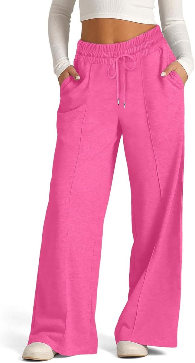 Trainingsbroek voor dames, brede sportbroek voor dames, licht, rechte joggingbroek, hoge taille, met zakken en trekkoord voor joggen, fitness, sport