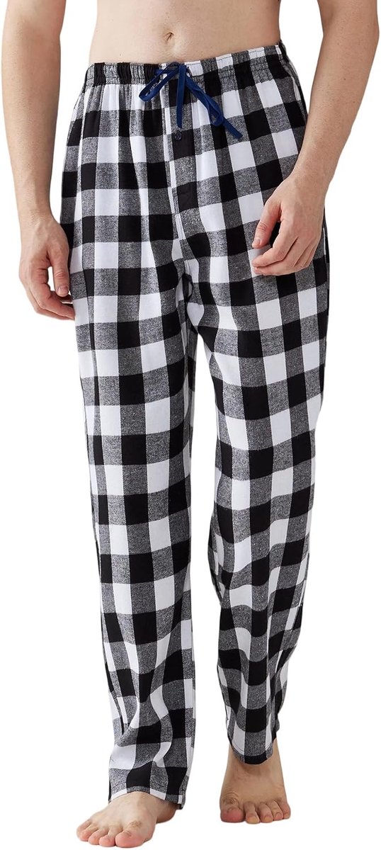 Pyjama voor heren, flanel, katoen, geruite slaap- en loungebroek, pyjamabroek met zakken en knoopgulp