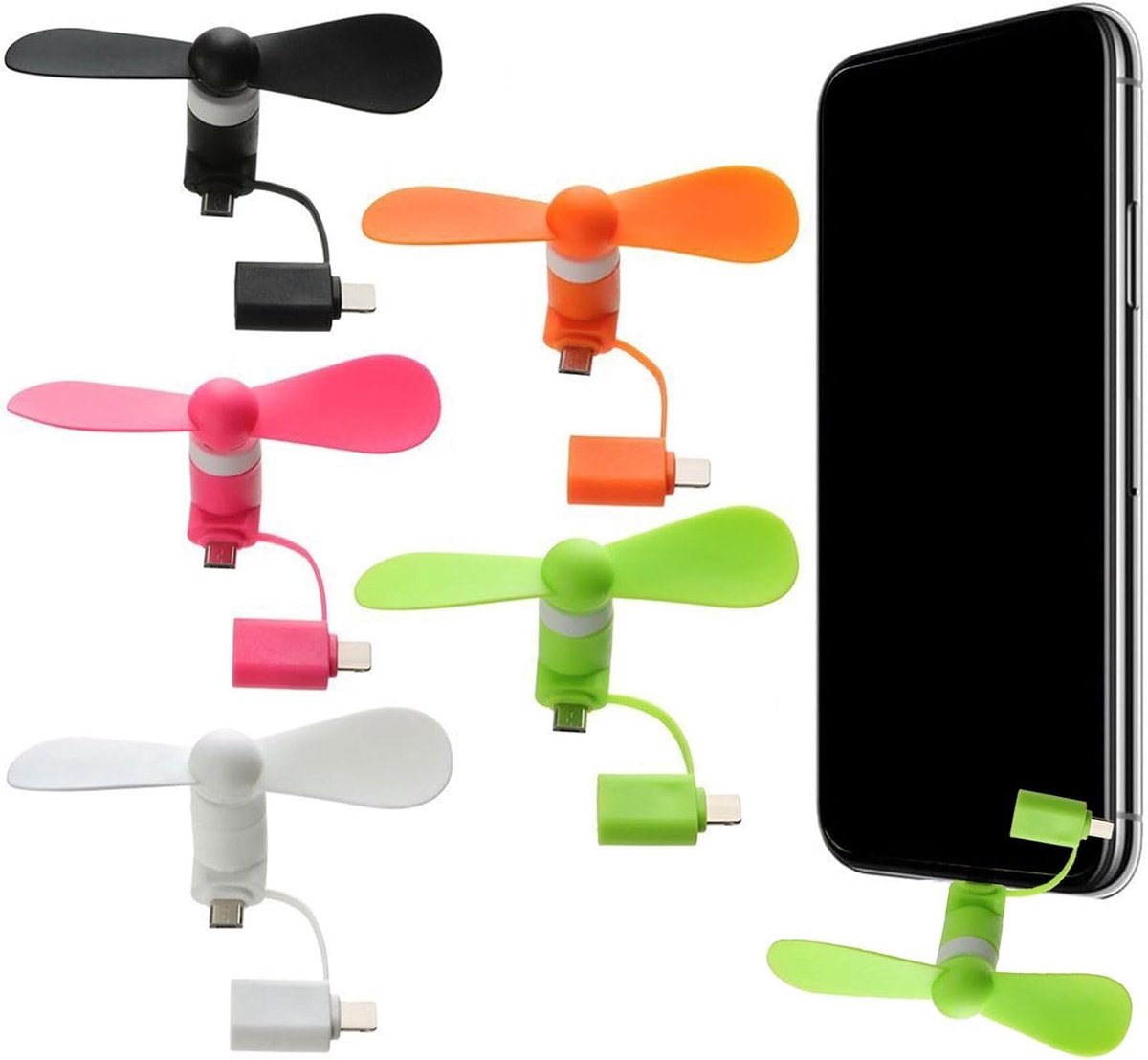 Mini gsm-ventilator, gsm-ventilator, 5 stuks, draagbare mini-USB-gsm-ventilator, draagbare koeler, roterende ventilator, USB kleine stille ventilator (zwart + wit + oranje + groen + roze)