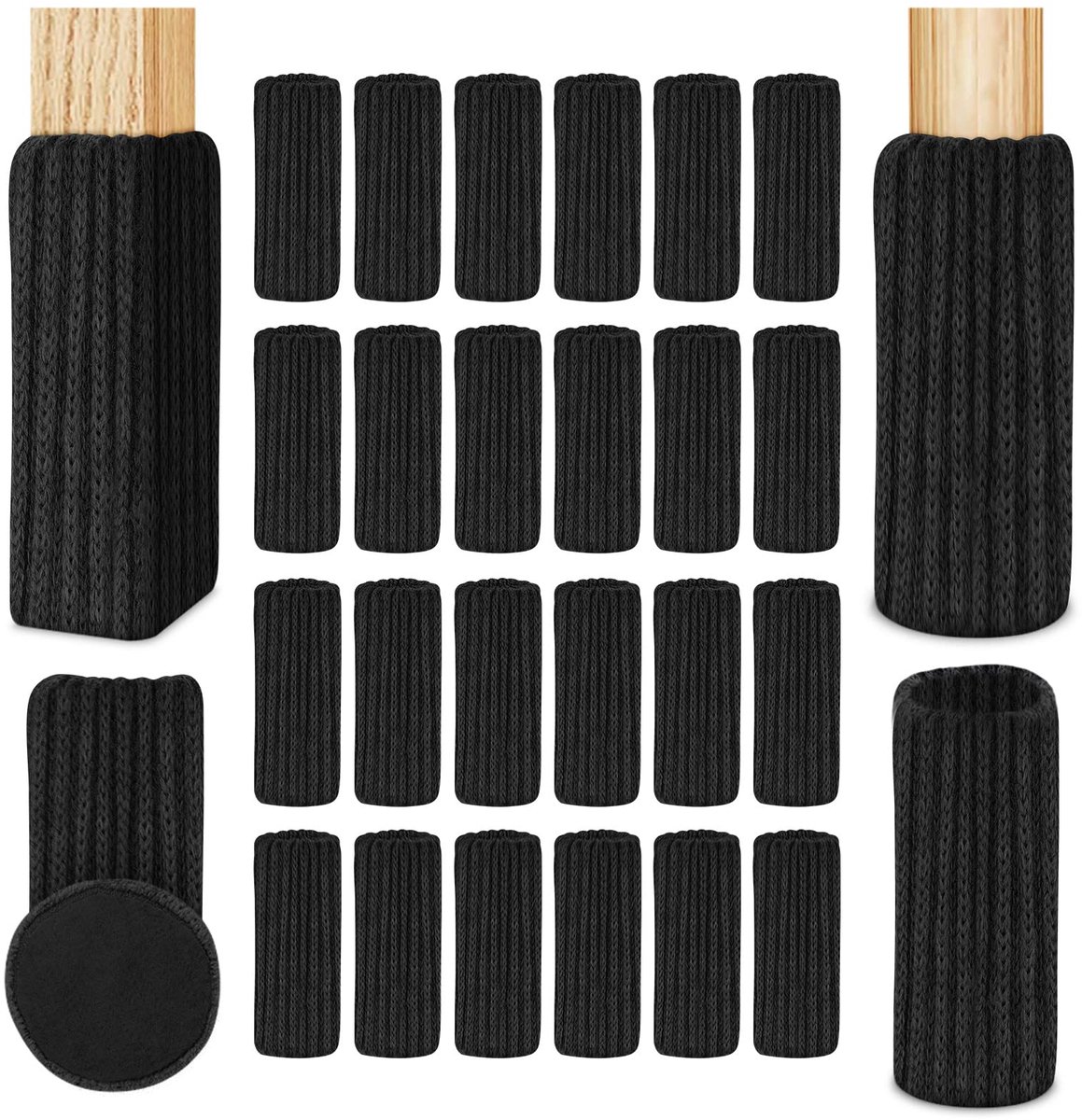 Famanu – Stoelsokken, 24 stuks, elastische meubelsokken, gebreide vilten stoelpootdoppen, dikke onderkant, antislip pads voor meubels, tafel, vloerbescherming, voorkomt krassen en geluiden (zwart)