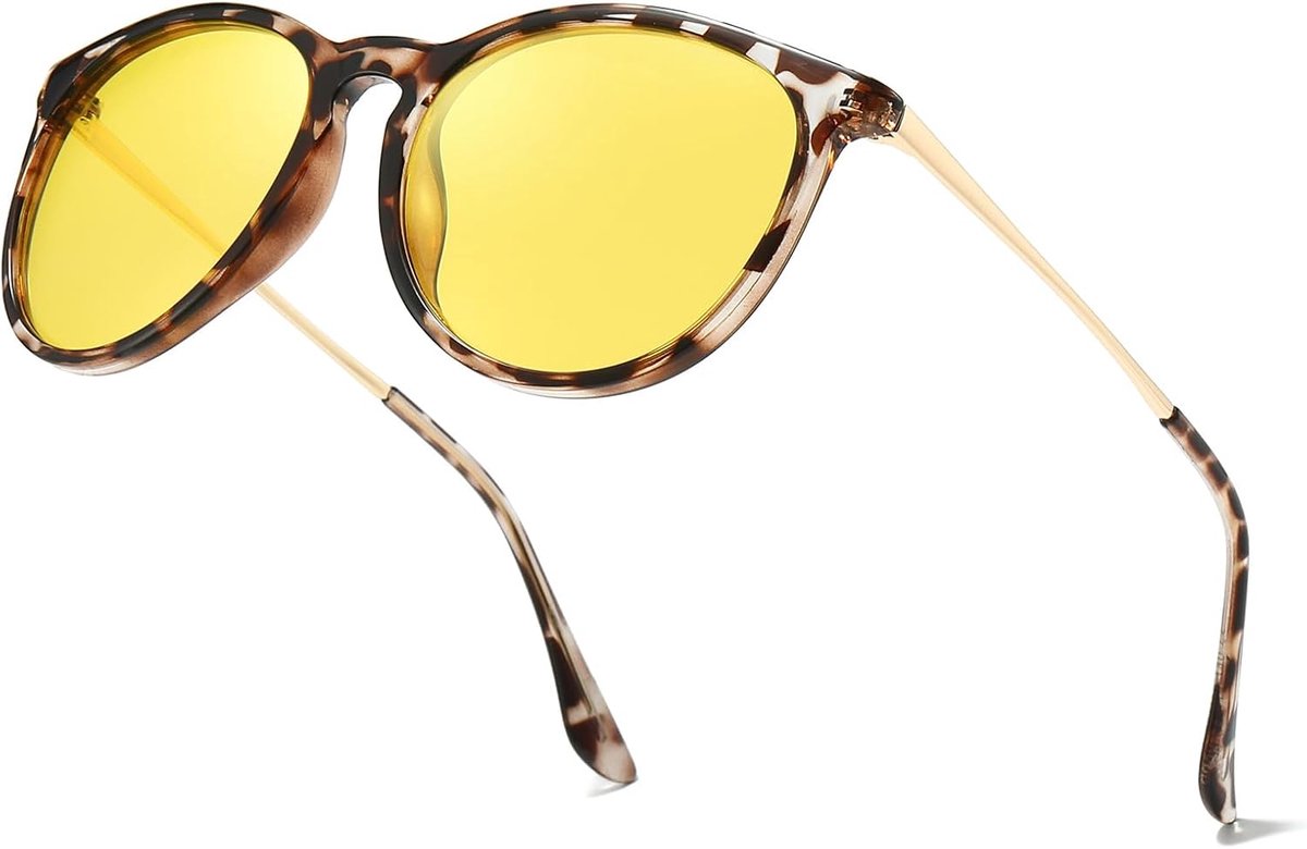 Nachtrijbril voor dames, gepolariseerde gele glazen, rond frame, voor nachtritten en regen, bescherming tegen verblinding