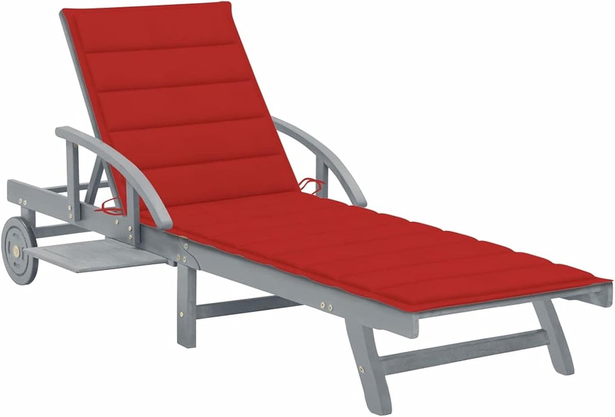 Ligstoel met inklapbaar kussen voor zwembad, balkon, tuin, massief hout, acacia, rood, 200 x 68 x 30/86 cm