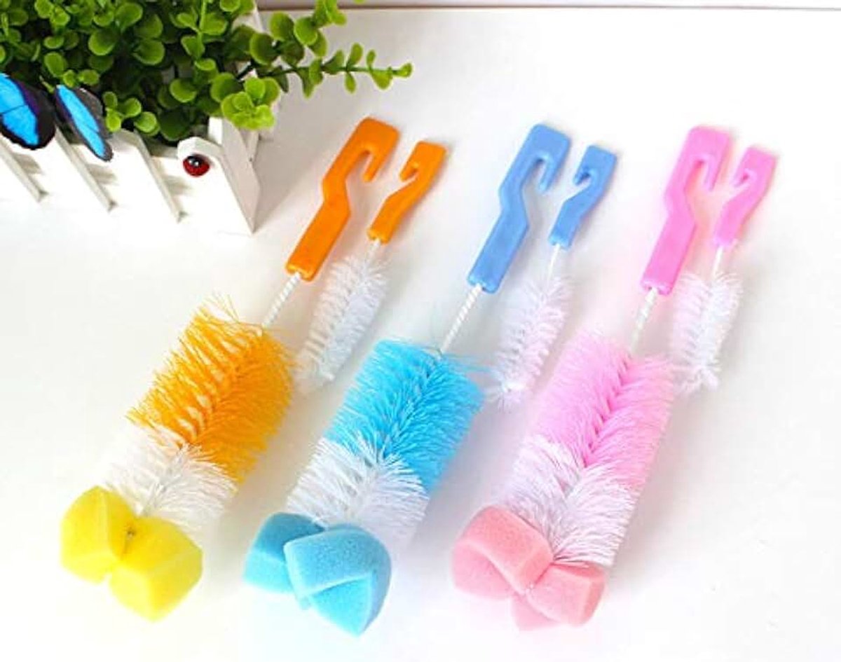 2 Stks/set Baby Fles Borstel Baby Voeden Melk Fles Borstels 360 Graden Fles Wassen Spons Schoonmaken Kit, 3 stks (elk Kleuren)