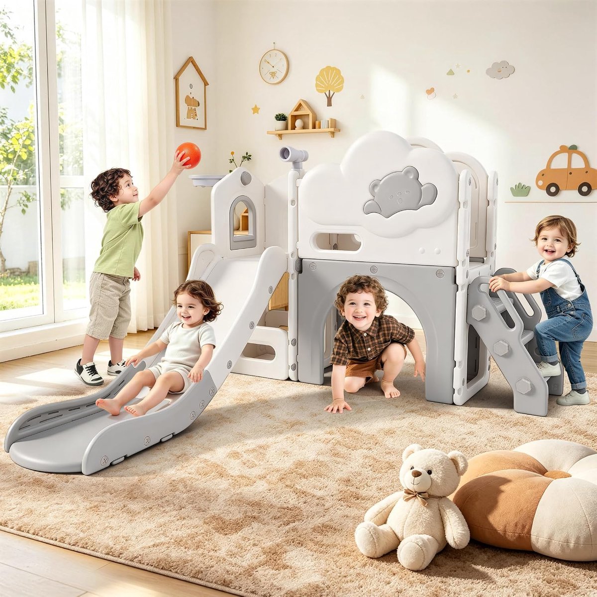 5-in-1 met klimframe, basketbalkorf, tunnel en telescoop, multifunctionele glijset voor peuters van 1-3 jaar, indoor outdoor speelgoed met opbergruimte, L-vormige glijbaan voor
