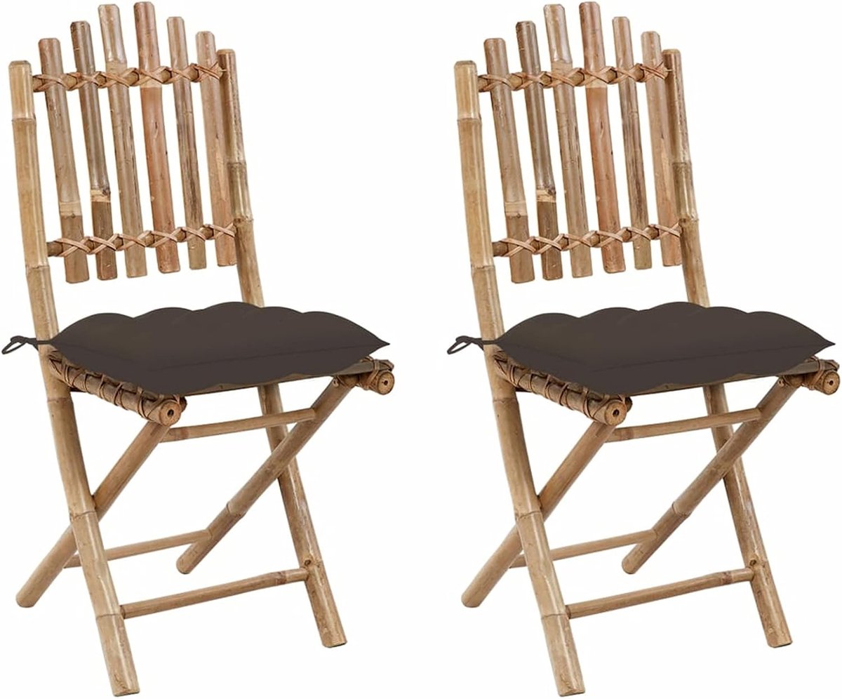 Inklapbare tuinstoelen, 2 stuks, tuinstoelen met kussen, stoel, buiten, terras, balkon, bamboe met kussen, grijs, taupe