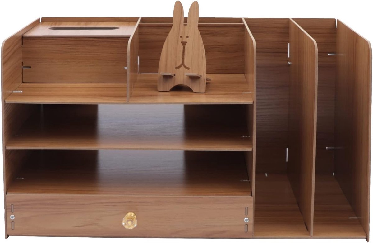 Bureau-bureau-organizer van hout met 4 vakken & lade, grote opbergruimte voor A4-documenten, mappen, boeken, hoog draagvermogen, ruimtebesparend, incl. pennenhouder en mobiele telefoonhouder, stabiele