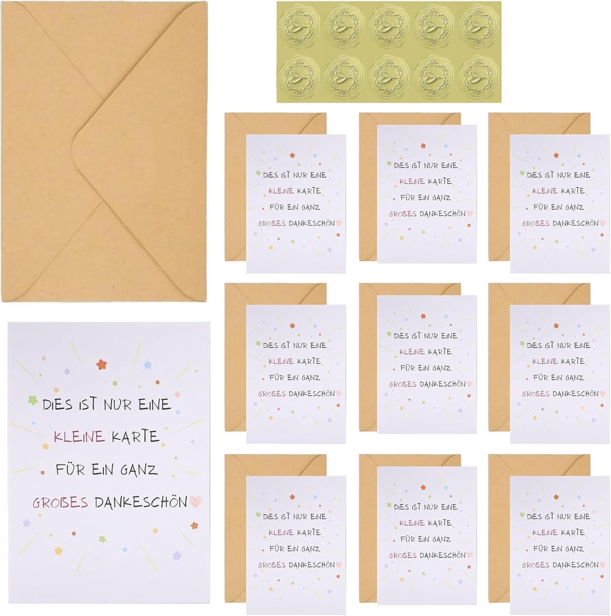 10 stuks, 12,4 x 17,5 cm, met enveloppen, wenskaarten, gastengeschenken, versierd met envelop van kraftpapier en stickers in hartvorm, goud