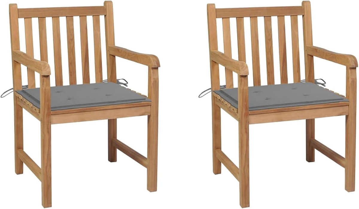Tuinstoelen met kussens, 2 stuks, voor tuin, terras, keuken, buiten, eetkamer, meubels van teakhout, grijs