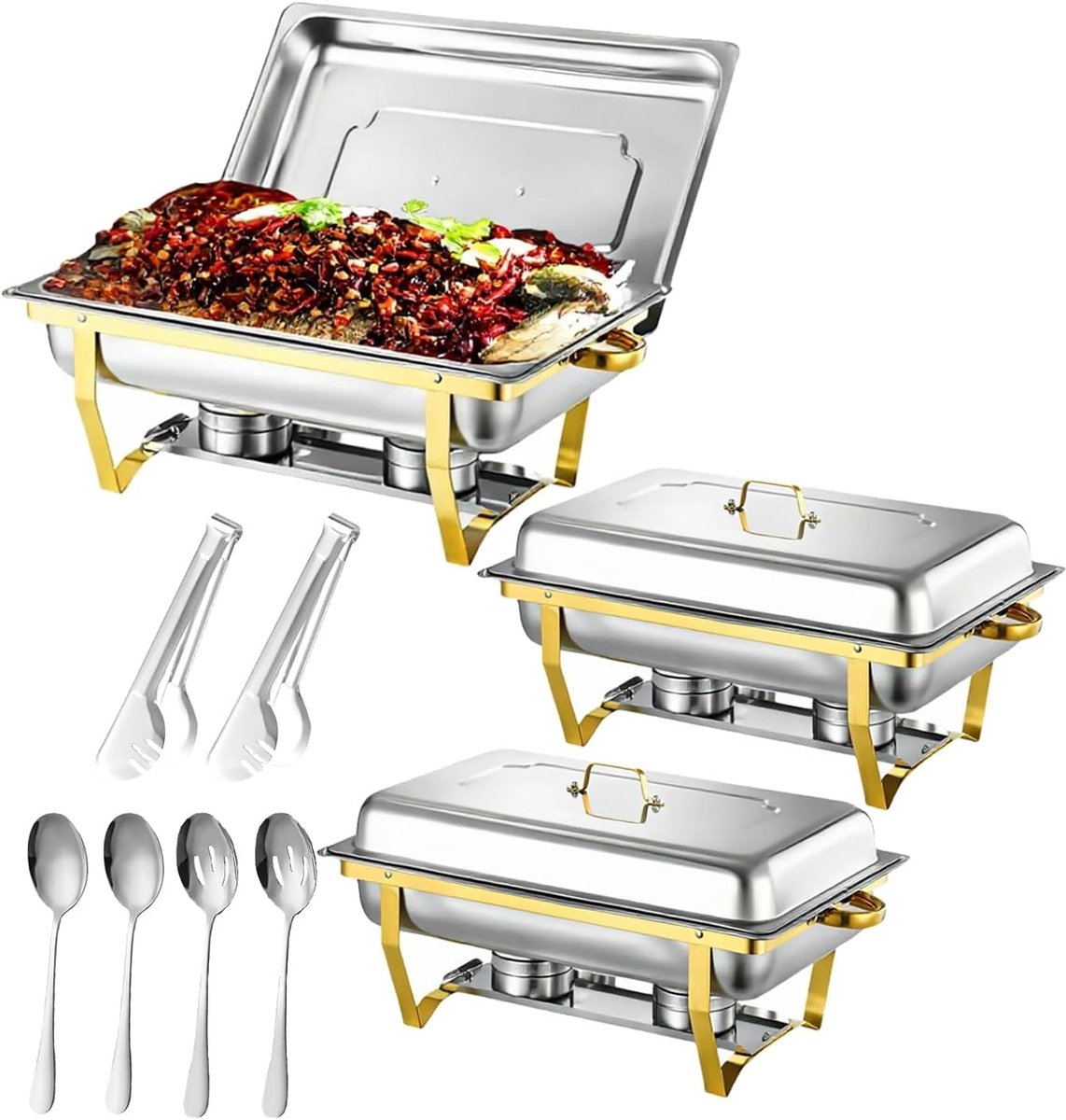 2-pack 9L Chafing Dish Buffet Catering Voedselwarmer Pan Koud en Warm Chafer met Dekselhouder, Dikke Roestvrijstalen Dinner Plate Tray Set Buffet Server voor Feesten Bruiloft, Verjaardag (Rechthoekig
