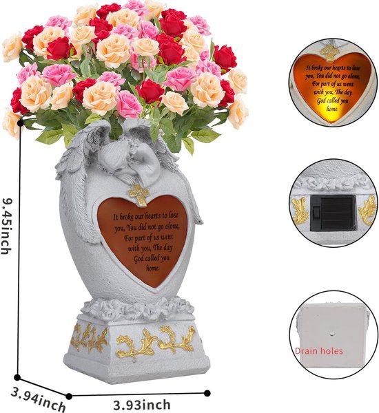 Beelden Outdoor Decor, Begraafplaats vazen voor Graf, Decoratie voor Graven, Begraafplaats vaas met led, Familie Tuin Memorial Standbeeld Begrafenis Gift, Engelen Zonneverlichting — afbeelding 2