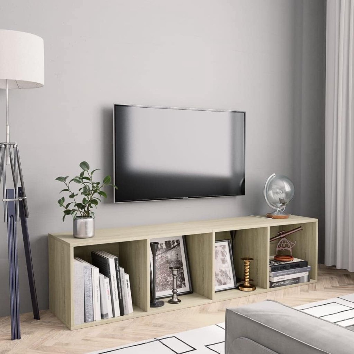 Boekenkast, tv-kast, Sonoma-eiken, 143 × 30 × 36 cm, met 4 vakken, houten materiaal, opbergruimte voor tijdschriften, boeken, dvd's, multimedia-apparaten, veelzijdig rek, horizontaal verticaal
