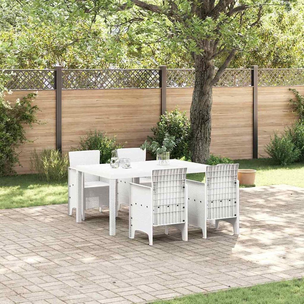 5-delige tuin-eetset, wit, polyrotan, outdoor eetgroep, weerbestendige zitgroep, eettafel, stoelen voor terras, tuin, balkon, 3378702