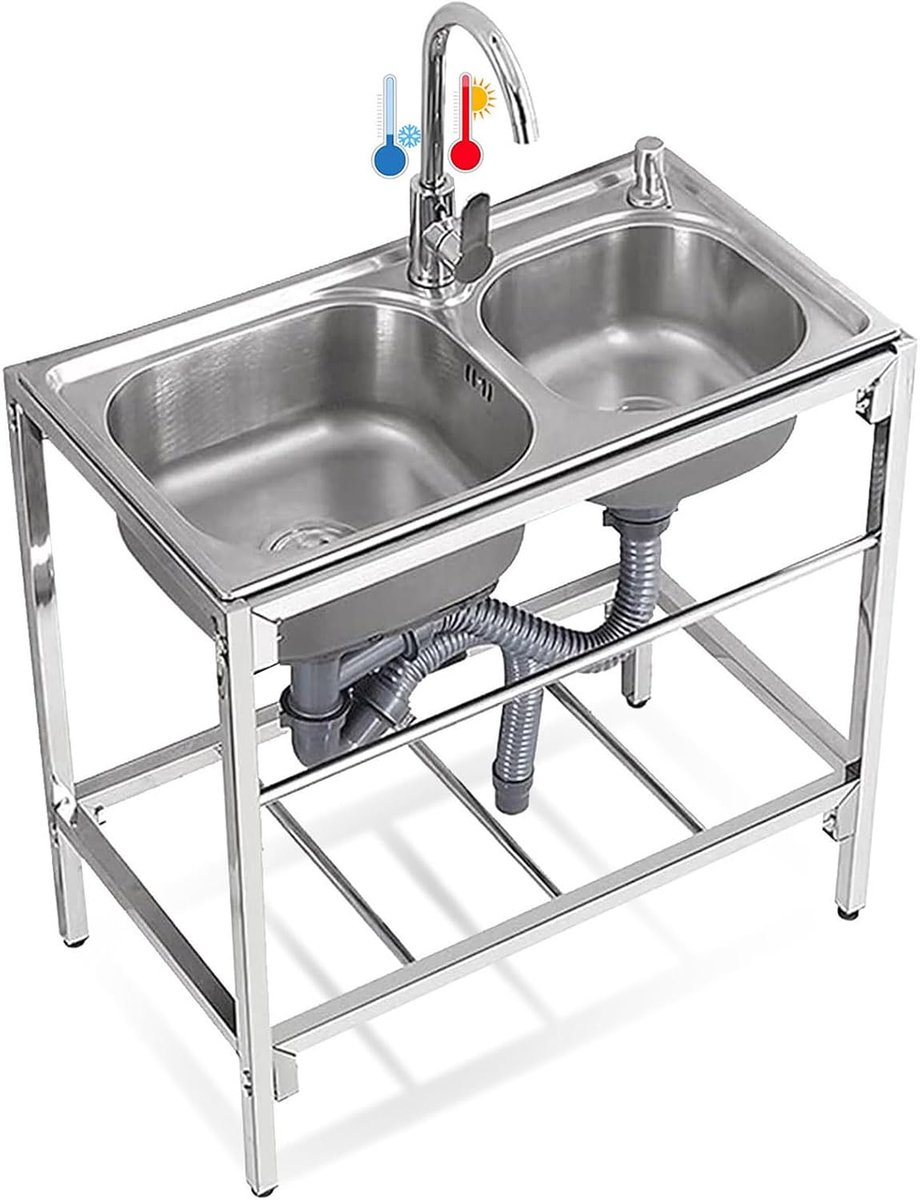 Hulpwasbak 2-vaks roestvrijstalen wasbak commerciële restaurantwasbak set met kraan keukenwasbak met werkbank en opbergplanken 82 cm