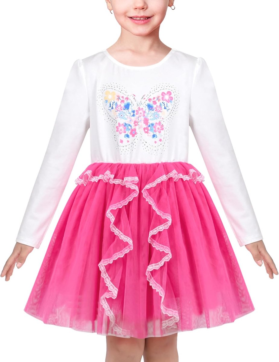 Jurk Beige Room Pailletten Hart Vlinder Tule Rok Lange mouw 4-8 jaar