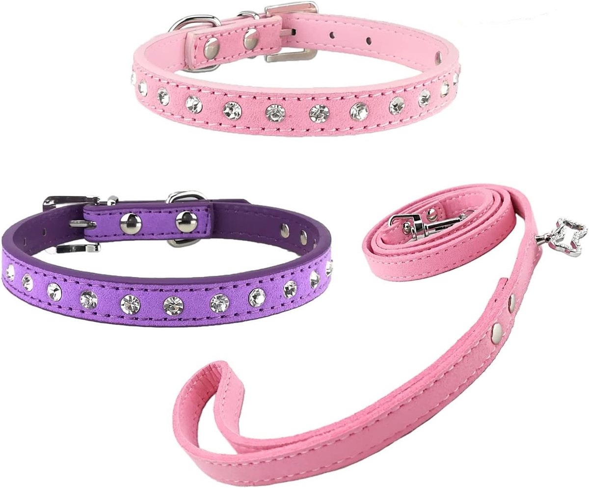 3 stks Puppy Kraag met Leash Set 2 stks Hond Kraag met Roze Leash voor Kleine Puppies Katten, S, PinkPurple