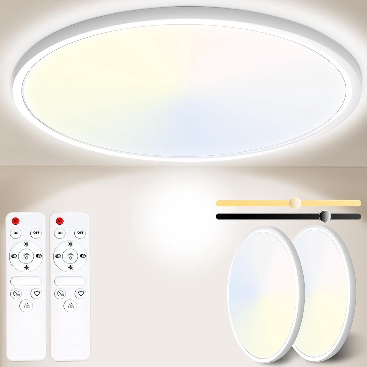 Badkamerlamp 24w 3200lm 30cm Dimbaar Met Afstandsbediening 6500k-3000k, Ip54 Led Badkamerlamp Ultradunne Plafondlamp Rond Voor Keuken Toilet Portiek Slaapkamer Bijkeuken Wit 2-Pak