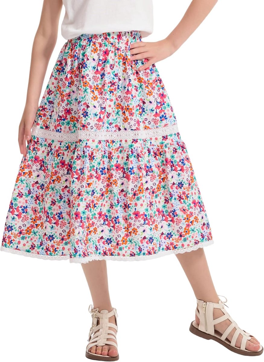 Lange bloemenrok voor meisjes, elastische hoge taille, zoom met ruches, vloeiende A-lijn, boho-maxi-jurk