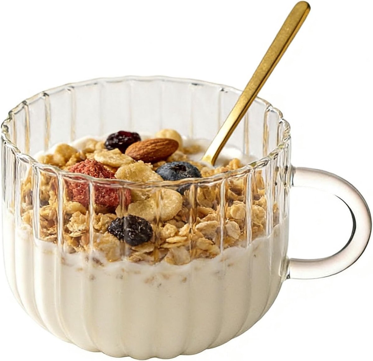 Ontbijtbeker met lepel, 400 ml helder glazen mok voor granen, havermout, yoghurt, koffie, thee, magnetron en vaatwasmachinebestendig, vintage reliëf ontwerp