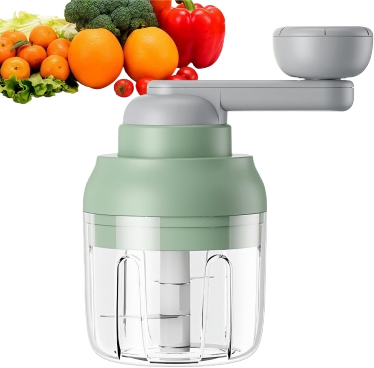 YAGXIG Groentesnijder - Multifunctionele handmatige keukenmachine - Uiensnijder met handslinger - Met transparante opvangbak - Snijdt groenten, vlees, fruit, noten, kruiden, uien, enz. - Groen - Set van twee