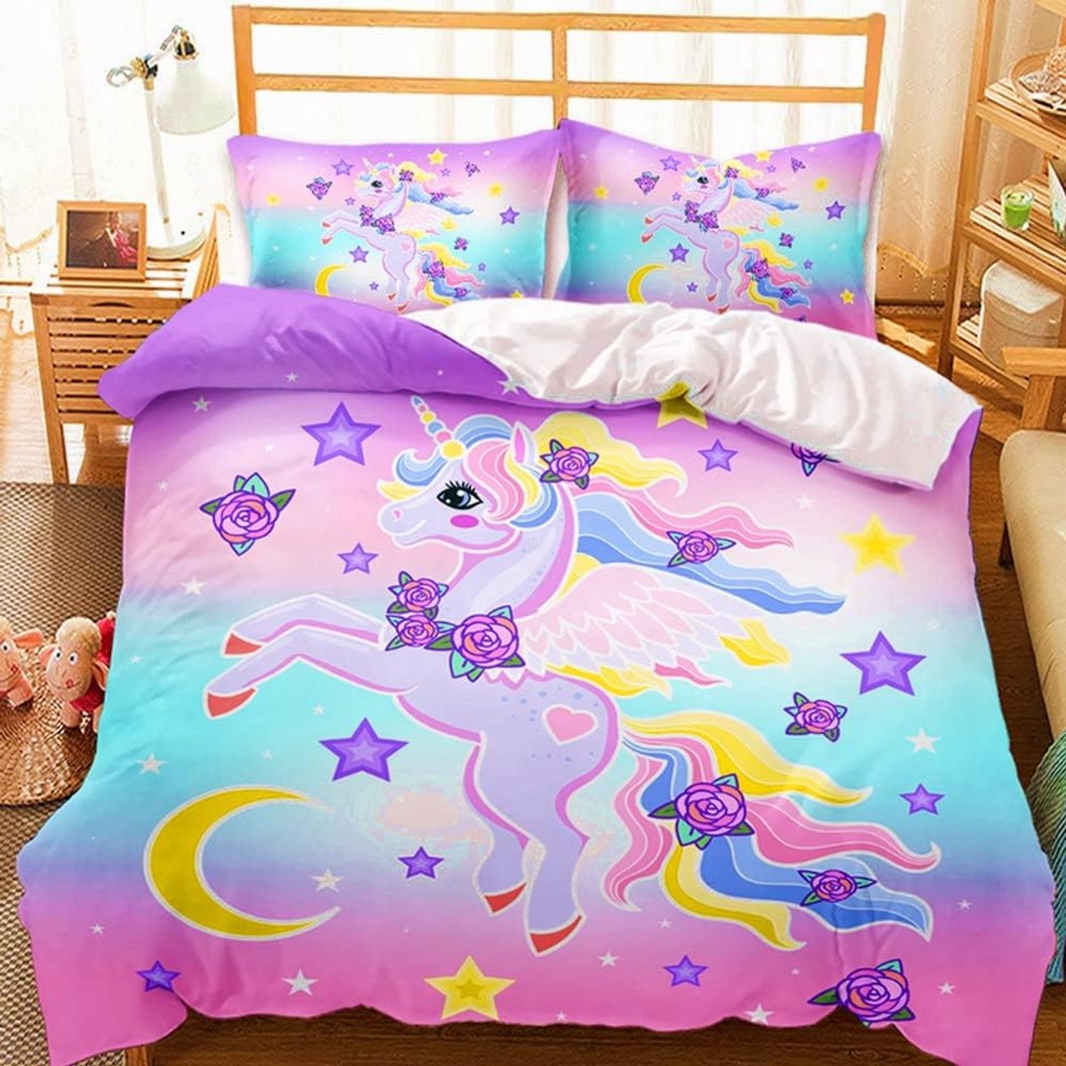 meisjes roze beddengoedset 135 x 200 cm schattig eenhoorn-sterren-maanpatroon dekbedovertrek eenhoorn beddengoed voor kinderen, jongens en meisjes (roze, 135 x 200 cm)