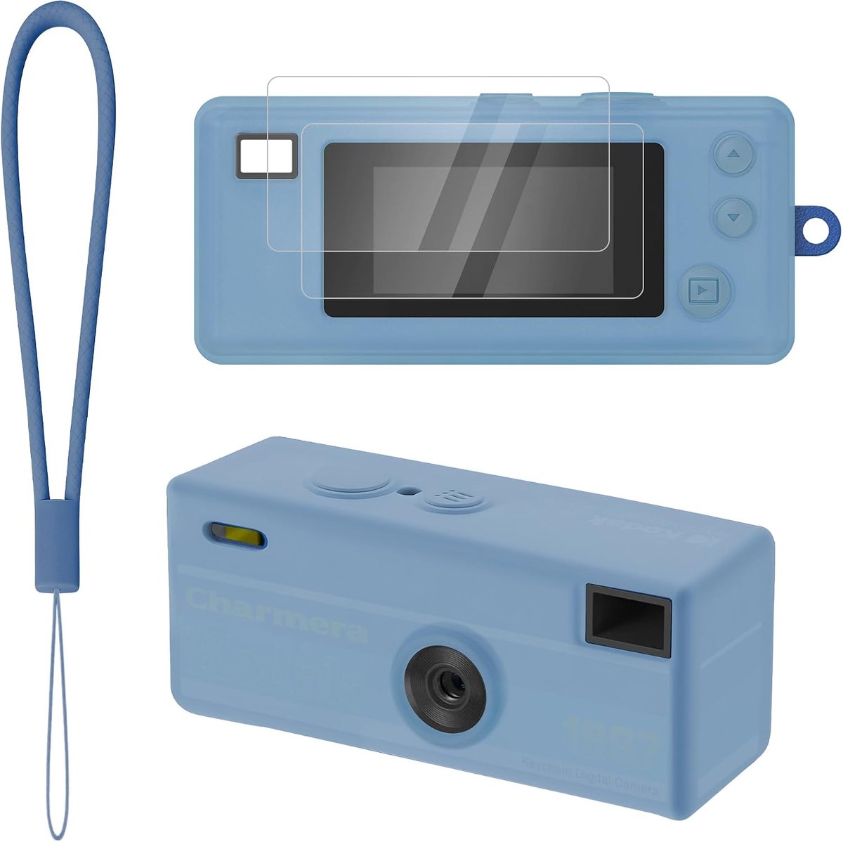 beschermhoes voor Kodak Charmera, sleutelhanger, digitale camera met 2 stuks gehard glas, beschermfolie en sleutelkoord, stootvast krasvast, blauw