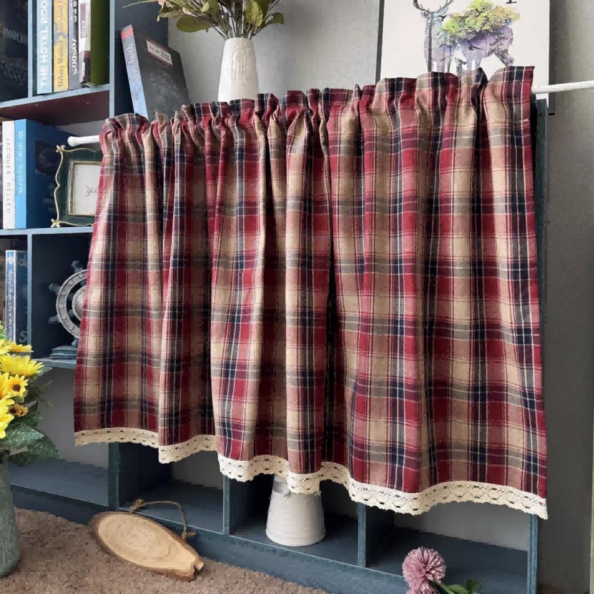 Vitrage met kanten rand, design landhuisstijl, keukengordijn met stang, klein raam, 1 stuk, rood, HxB 40x140cm