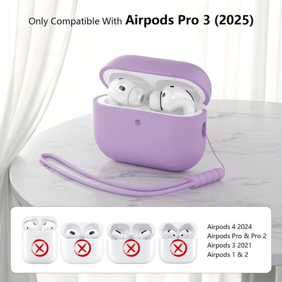 hoes compatibel met AirPods Pro 3e generatie, rondom bescherming, siliconen beschermhoes voor AirPods Pro 3 met trekkoord, zichtbare LED aan de voorkant, lavendel — afbeelding 2