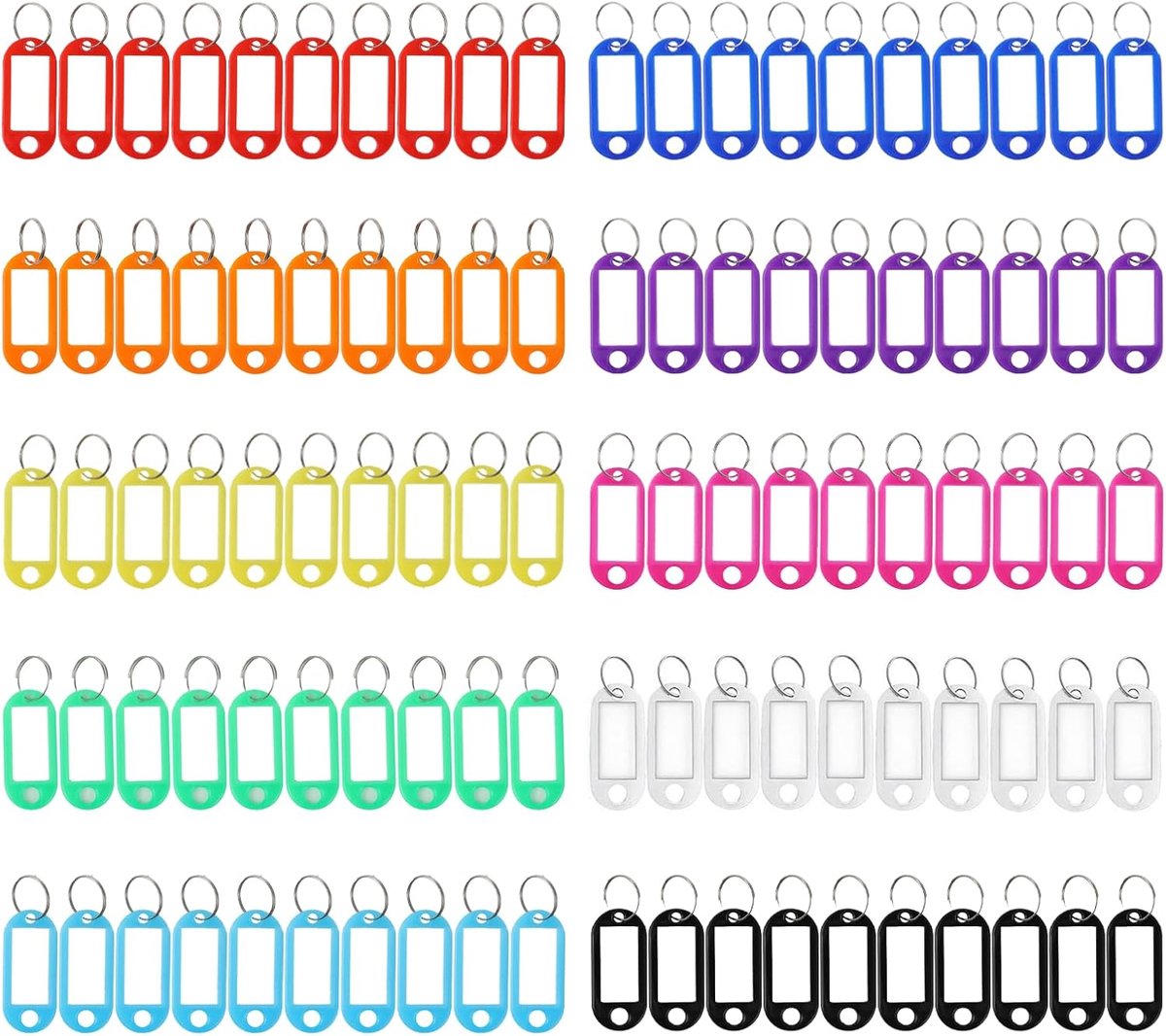100 stuks, beschrijfbaar, kunststof sleutelhanger met ring, voor sleutels, koffer, huisdieren (10 kleuren)