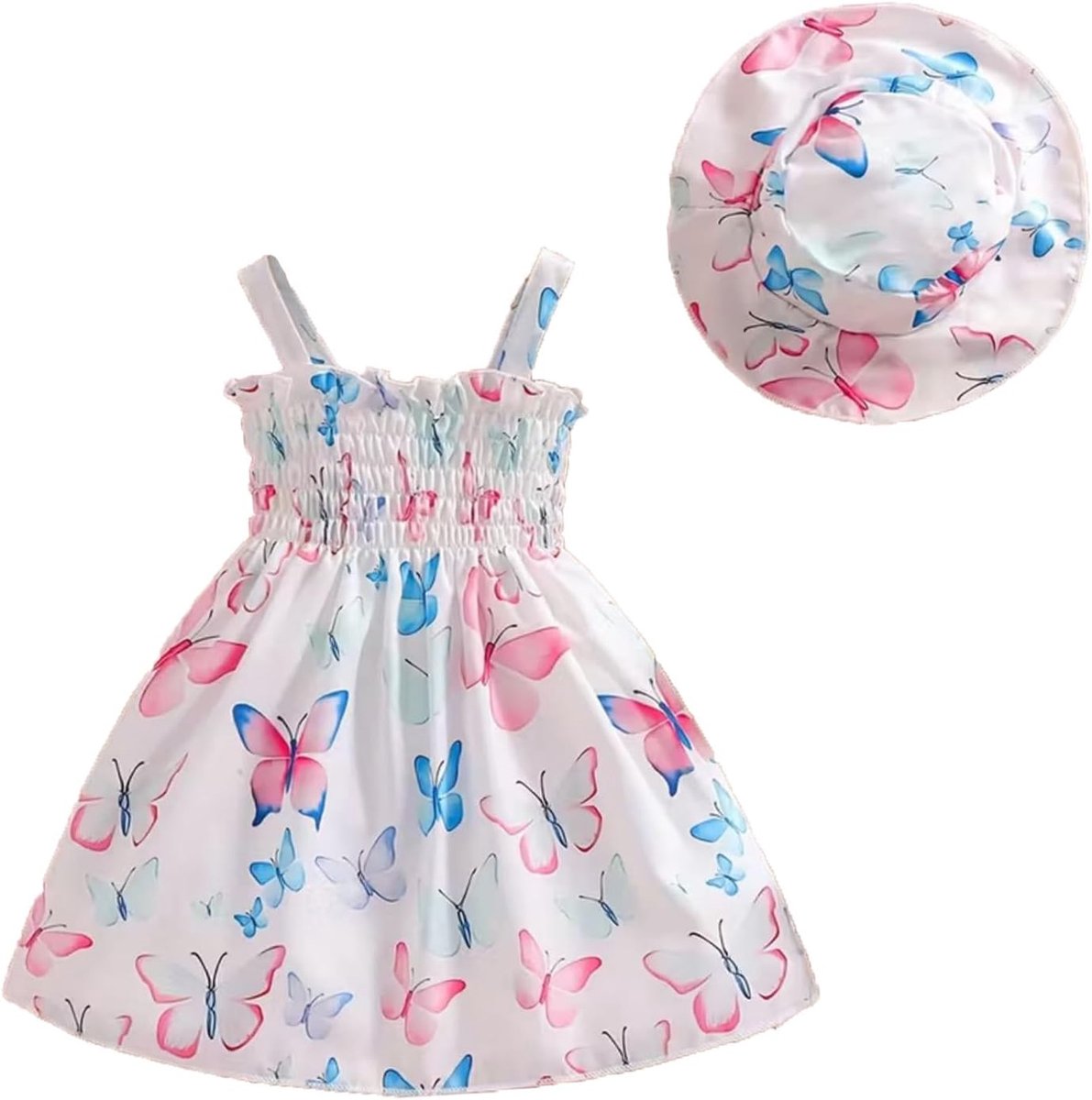 Prinsessenjurk voor meisjes, mouwloos + muts, 2-delige set met bloemen, strandjurk, kleding voor lente en zomer