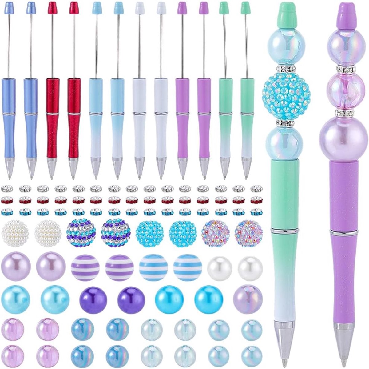 12 sets met 101 kunststof pennen met kralen, gesorteerde parelstiften, afstandhouders met strass, bubblegum, meerkleurig, doe-het-zelf balpenset voor vrouwen en mannen, accessoires