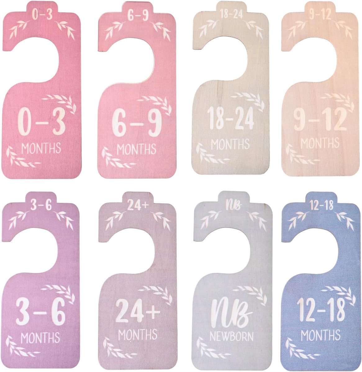 8-delige set houten organisers voor babykleding met leeftijdsaanduiding, levendige kleuren, 18x8 cm, gemaakt van lindenhout, dubbelzijdig bedrukt, braamvrij voor het ordenen van kinderkleding.