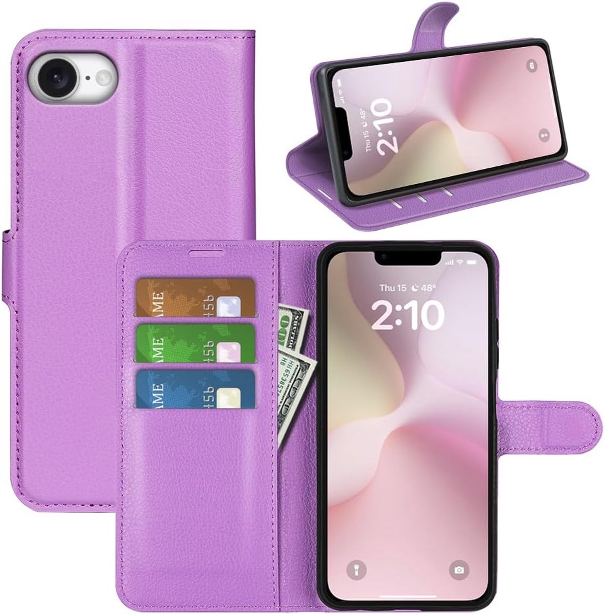 Beschermhoes voor iPhone 17e, schokbestendig, portefeuille, leer, flip case, met siliconen bumper, kaarthouder, standaard, magnetische gesp, paars