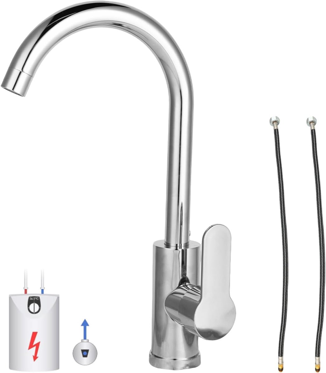 Keukenkraan, messing, voor koud en warm water, flexibele uitloop en twee 60 cm aansluitslangen, ideaal voor keukenspoelbak, wasruimte