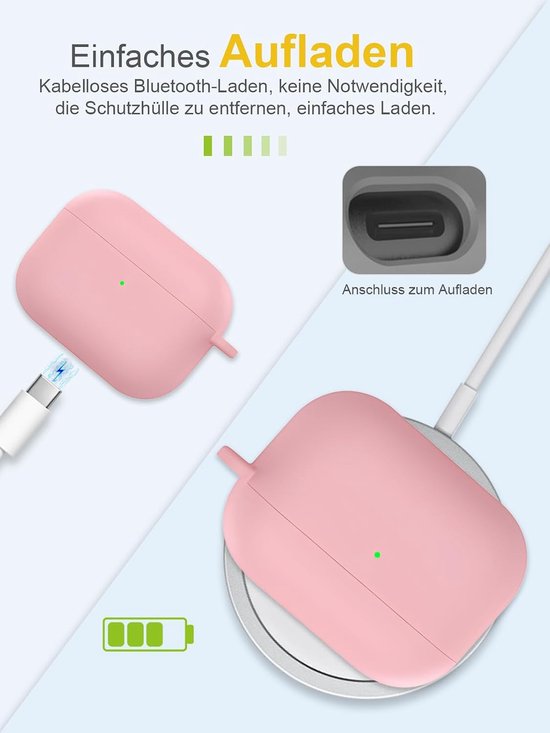 draadloze hoofdtelefoon voor AirPods/AirPods Pro, zachte siliconen beschermhoes, huidvriendelijk etui met karabijnhaak, volledige bescherming, roze — afbeelding 3