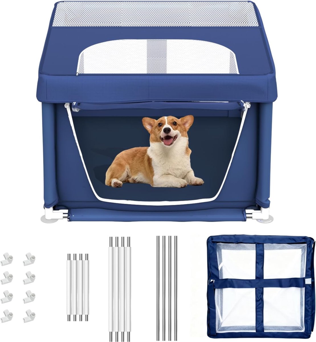 Puppyren met poortje, hondenren voor puppy's, veilige speelren voor huisdieren met verdikte stof, nylon gaas en roestvrijstalen buizen (Blue, 90x90x66cm, 6)