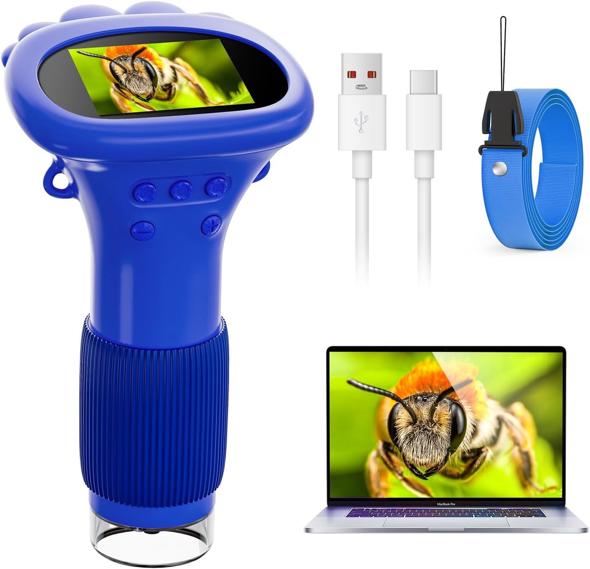 Microscoop voor kinderen, 1000-voudige zoom, Ahalfcit digitale microscoop met 2 inch display, digitale loep, compatibel met pc, educatief speelgoed voor kinderen van 3 tot 12 jaar -Blauw