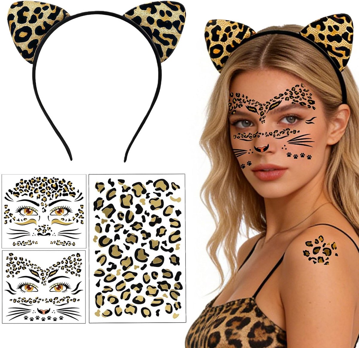 Kostuumset Dames, Luipaard Oor Haarband met 3 Verschillende Gezichtstatoeages voor Carnaval Feest Luipaard Accessoires