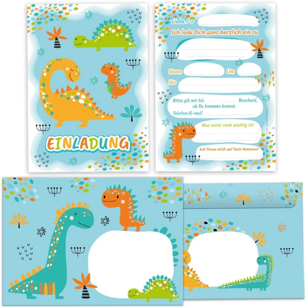 12 uitnodigingskaarten incl. 12 enveloppen voor kinderverjaardag jongens dino dinosaurus verjaardagsuitnodigingen