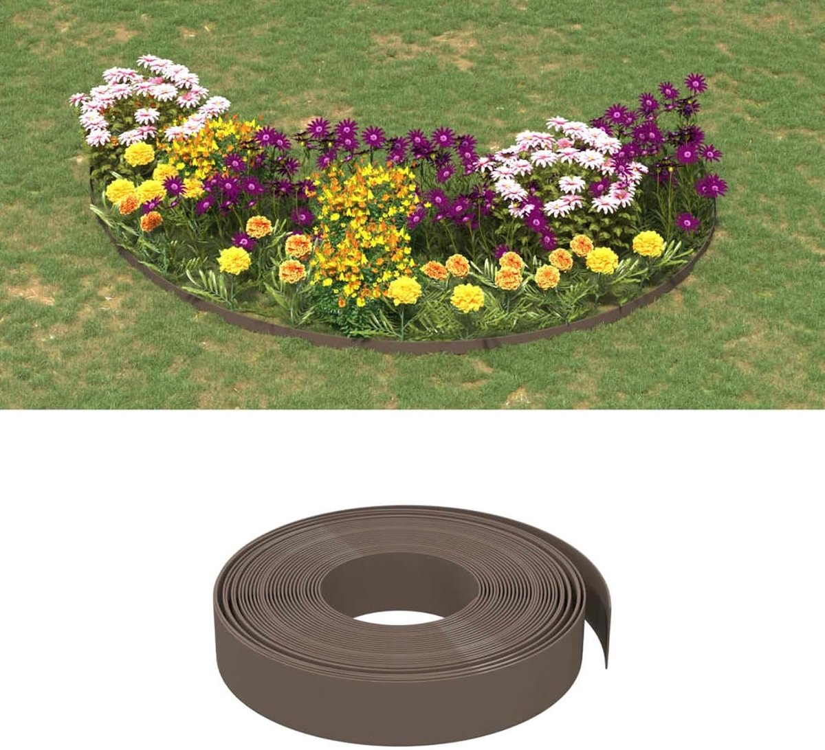 10 m × 10 cm, flexibele bloembedrand van uv-bestendig polyethyleen in bruin, 2 mm dik, voor bloembedden, groentebedden en vijverranden