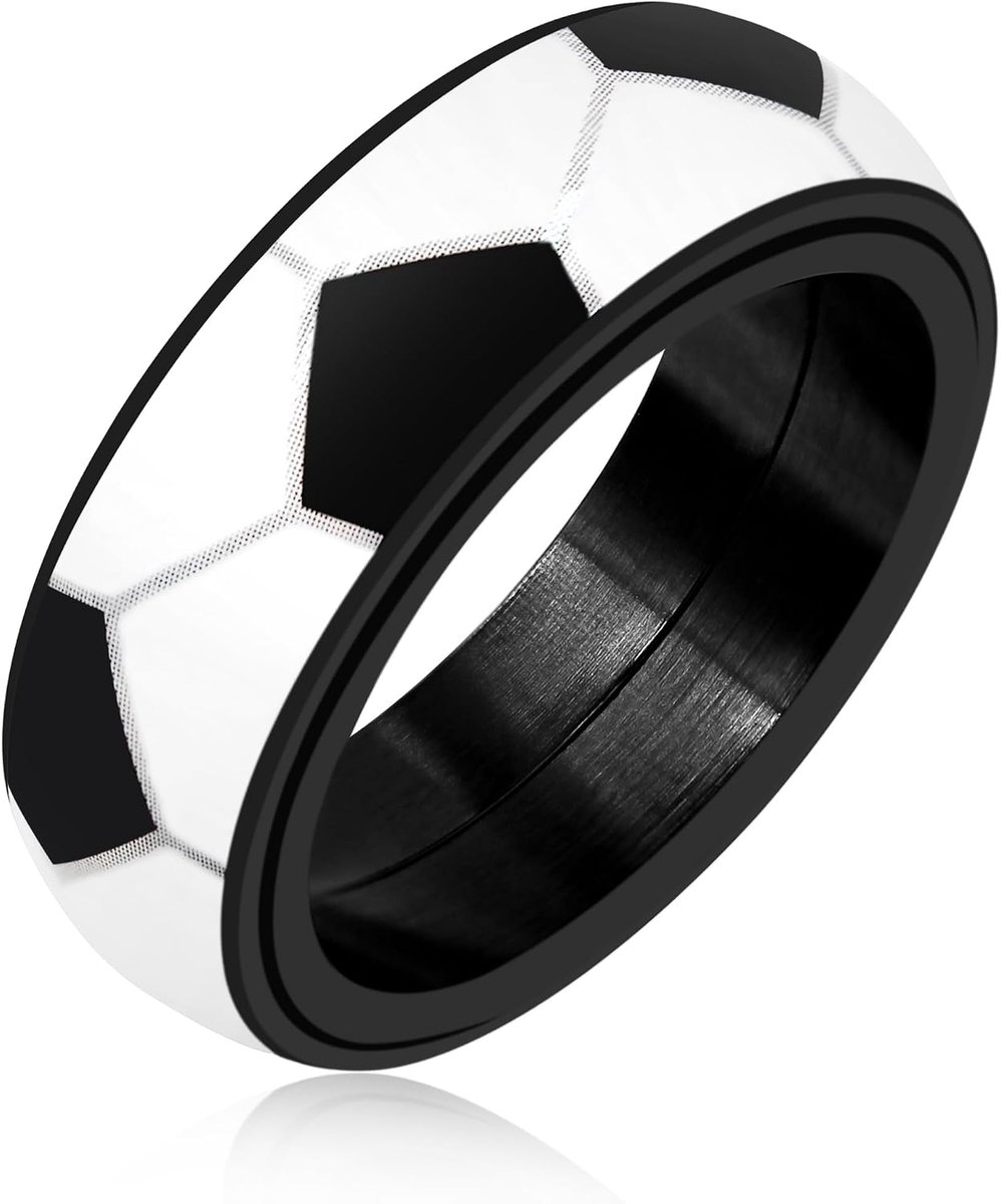Voetbalring voor heren - 8 mm brede roestvrijstalen roterende voetbalsieraden, maten 6-11 sportatleten en fans, vriendschapssieraden