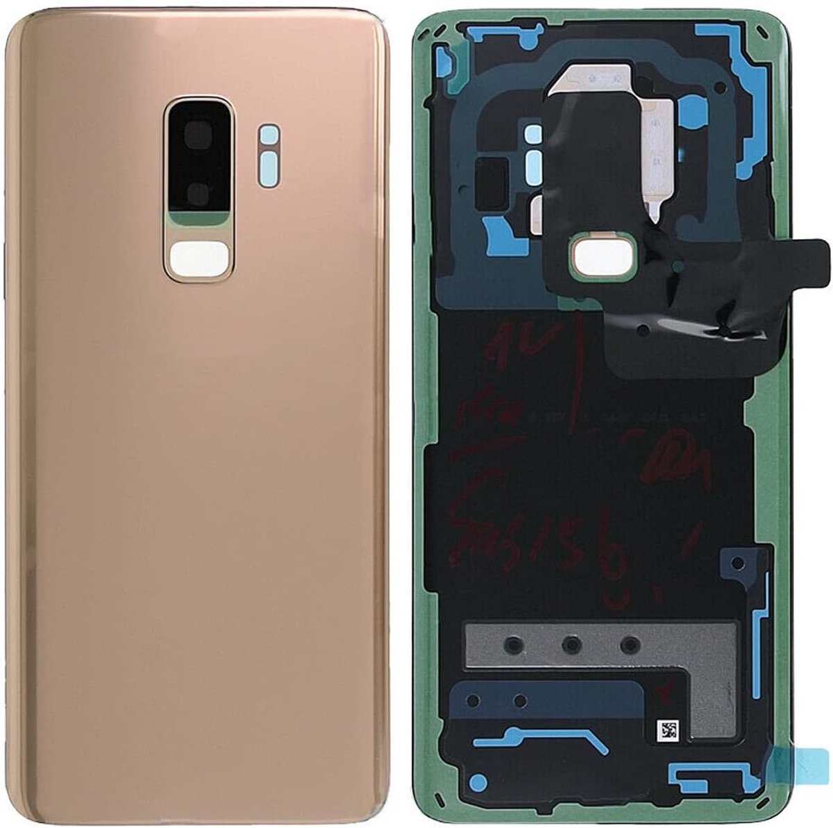 Set met 3 accu-afdekkingen + dubbelzijdig plakband + lens compatibel voor Samsung Galaxy S9 Plus G955F G955 S9 + reserve glas achterkant sticker + lens camera (goud)